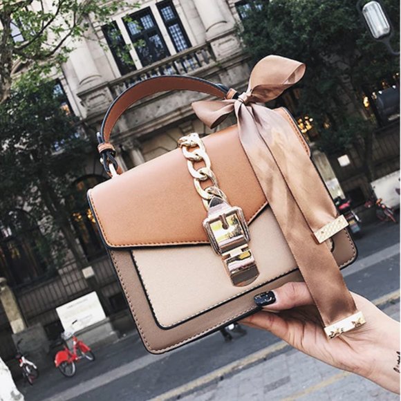 Handbags - LAST Brown + Gold Ribbon Crossbody Bag Square Faux Leather Mini Purse